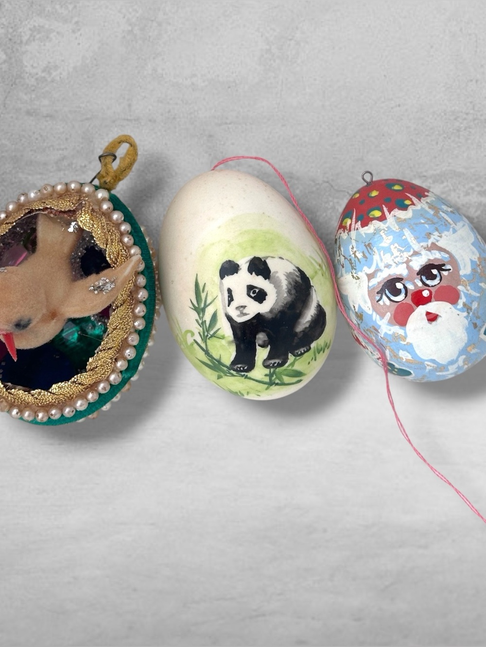 3 VINTAGE EGG ORNAMENTS PANDA DIORAMA WOOD SANTA 2 REAL SHELLS